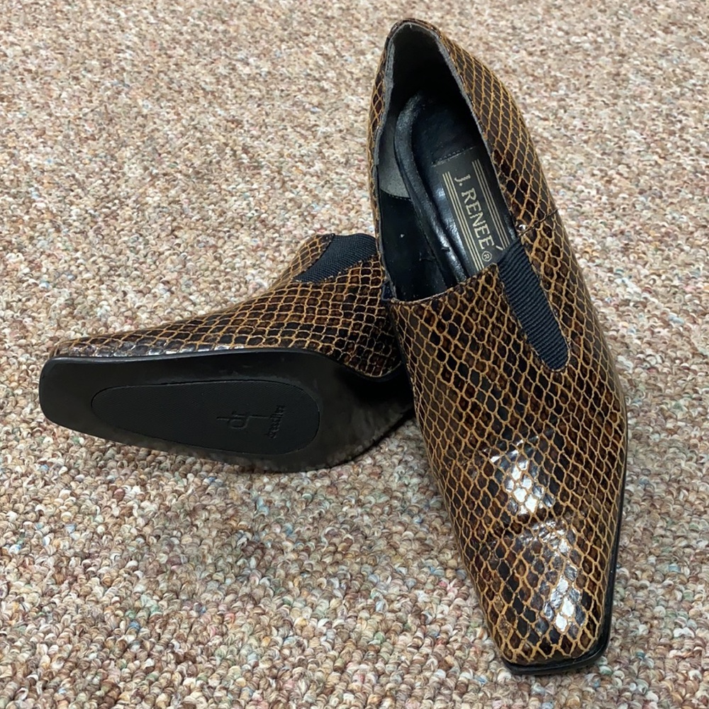 J.Renee Brown snake skin slip on heels. Size 8.5